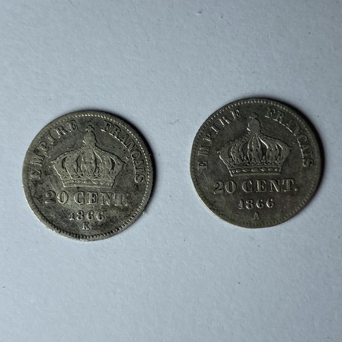 4 Silbermünzen 20 Centimes Napoleon III. FRANZÖSISCHES REICH 1866 A und K + 2x 1867 A - Bild 17 von 24