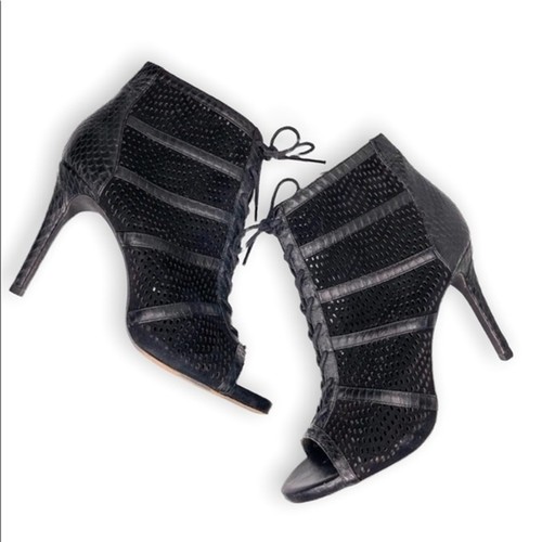 Womens Joie Size 9.5 Shari Black Snake Embossed Leather Mesh Bootie Open Toe
