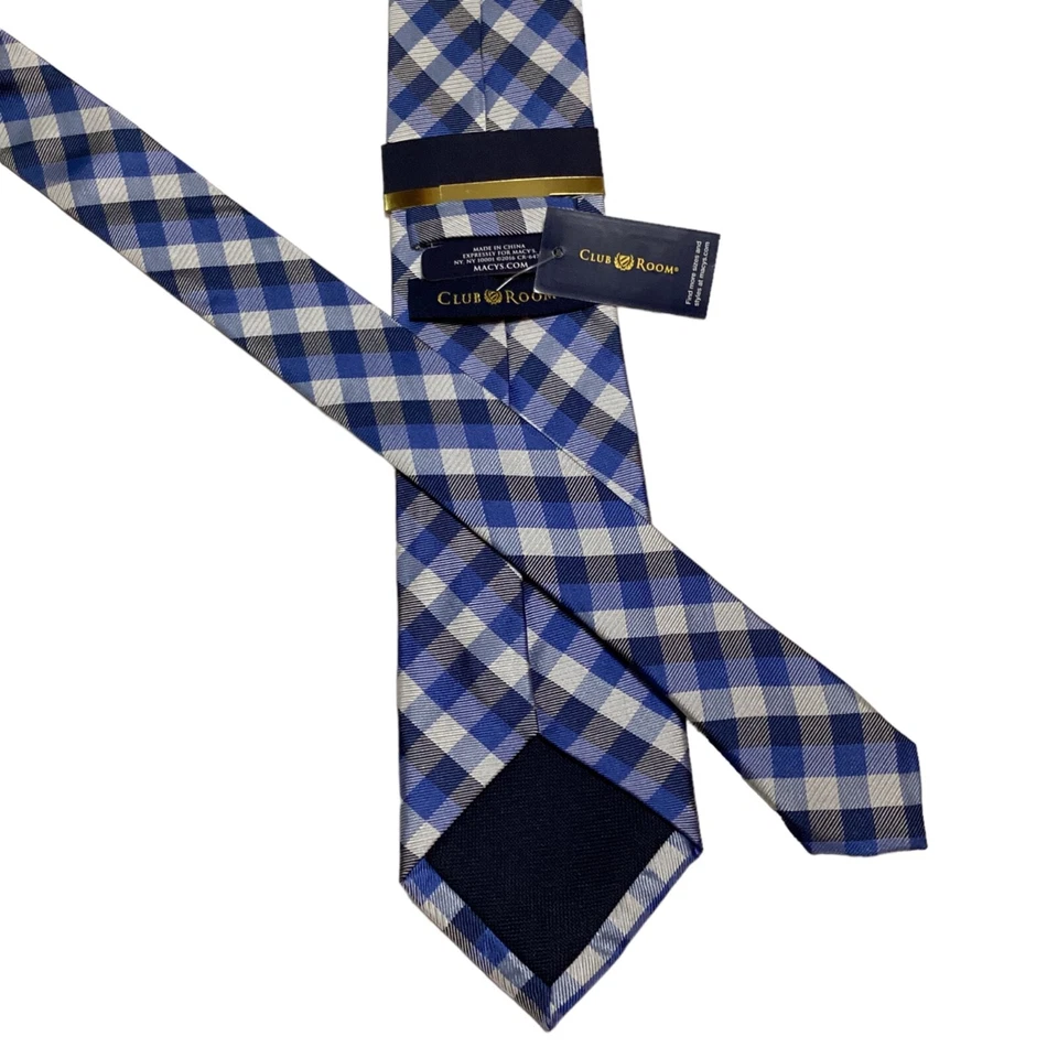 CLUB ROOM Para Hombres 100% Seda Ajustada Corbata Diseñador Cuadros Azul/Blanco/Gris Nueva con Etiquetas Foto 3 de 3