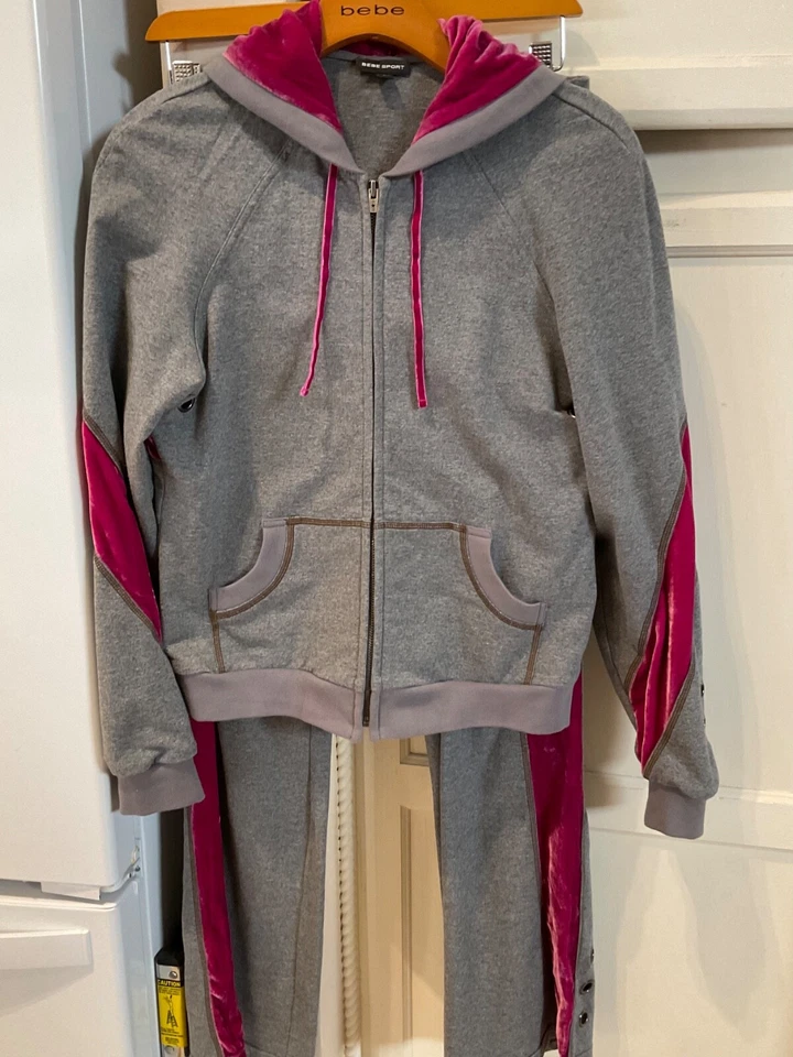 Conjunto de chándal Bebe Sport gris malva terciopelo rayas sudadera con capucha! Sudadera con capucha M - Pantalón XS Foto 4 de 4