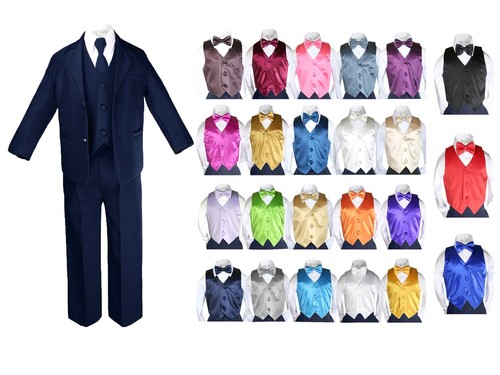 Hermosala New Baby Toddler Boys Teen 7pcs NAVY Formal Suit + Color Vest & Bowtie - Afbeelding 1 van 18