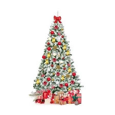 GOFLAME 7.5 FT Snow Flocked Hinged Christmas Tree, Classic Realistic Pine Tre...