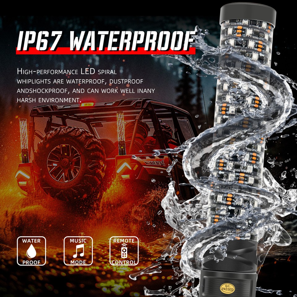 2X 3FT RGB Spiral LED Fat Whip Lights Antenna For Polaris RZR XP 1000 ...