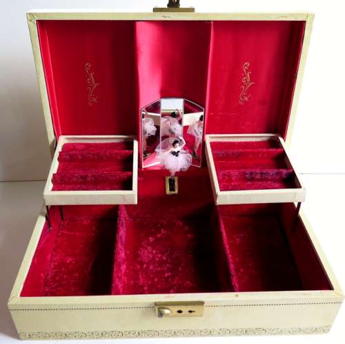 Vintage Large Jewelry Box w/Ballerina Music Box Working, Tan & Ruby Red Interior