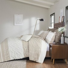 MILA TAUPE BROWN WHITE CHENILLE 100 Cotton 3pc COMFORTER : FARMHOUSE CHEVRON