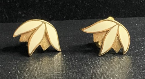 Vintage Monet Cream Enamel and Gold Tone Lotus Blossom Clip-on Earrings