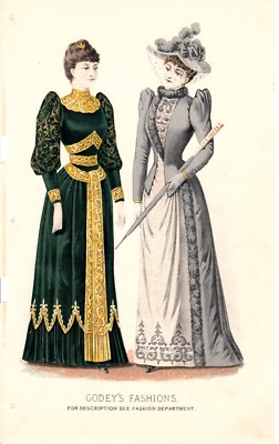 1891 Antique colored Fashion Print Godey's January Dress Victorian