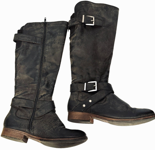 Crown Vintage Tall Bobbie Dark Gray Motorcycle Boots Buckles Side Zip Womens 8M - Picture 2 of 8