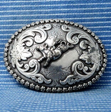 Bull Rider Cowboy Dress Belt Buckle Western Scroll Vintage 80s Nocona  .PCB612