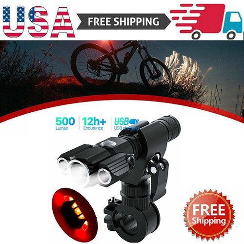 USB Rechargeable LED Bicycle Headlight Bike 3 Head Light Front Lamp Set Cycling - Afbeelding 1 van 13