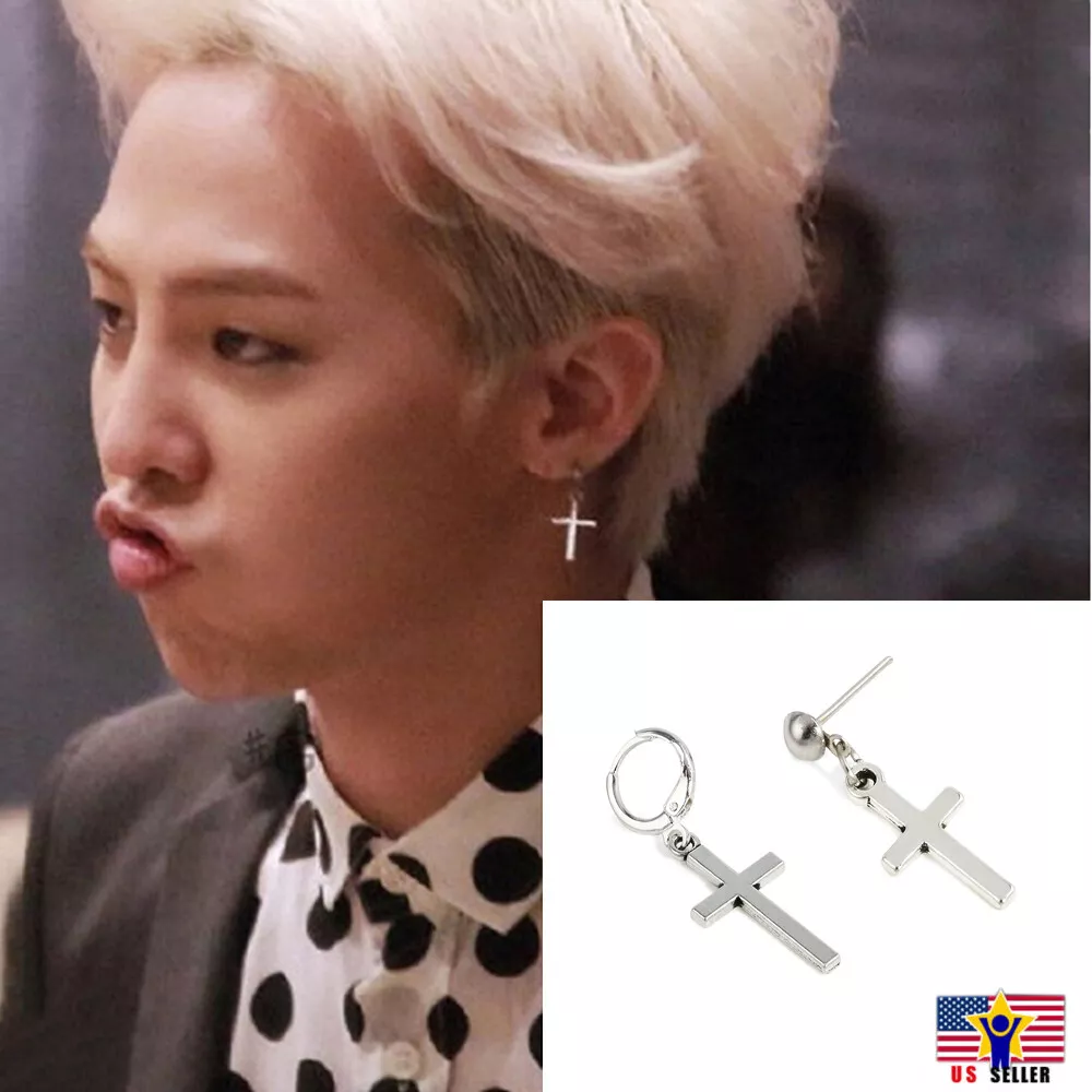 Kpop Korean Idol Big Bang G Dragon Boys Hoop Cross Drop Dangle Ear Stud Earrings