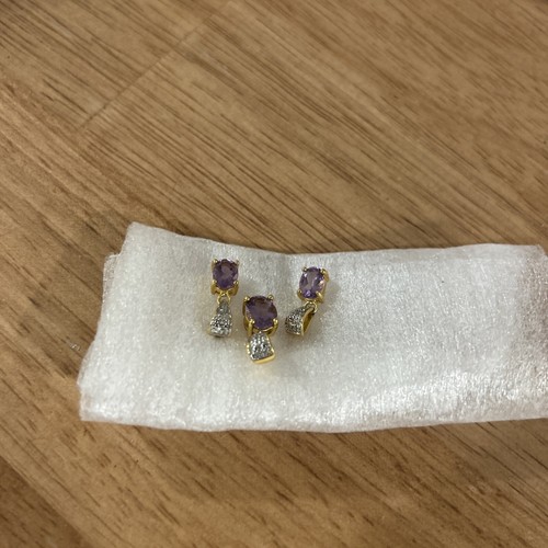 Signed RSE, Gold Over .925 Amethyst And Petite Diamond Pendant & Earrings - Picture 4 of 4