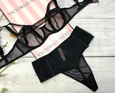 Victorias Secret Luxe Unlined Mesh Balconet Caged Strappy Bra Thong Set Black 
