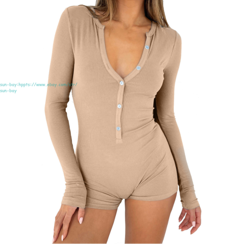 Women Long Sleeve V Neck Rompers Yoga Jumpsuits Sexy Pajama Button Down Outfits - Picture 17 of 21