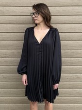 Sezane Selita Dress Black Pleated Mini Balloon Sleeve French Boho FR38 (M)