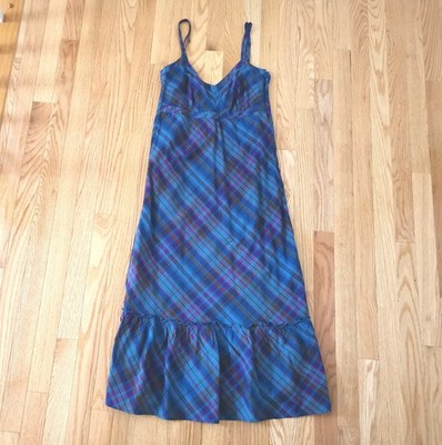 VTG ESPRIT Women dress blue Plaid Y2k 90s straps Adjustable V neck maxi cotton 2