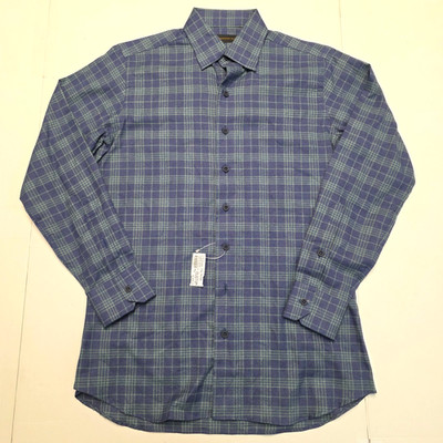$368 New Christopher James Button FLANNEL Shirt SMALL S 14.5 Blue Green PLAID
