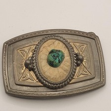 Vintage Western Belt Buckle Silver Tone Turquoise Center Inlay Ornate 3.5x2.5"