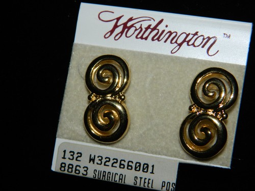 Vintage 80's WORTHINGTON Gold Tone Swirl Design EARRINGS Surgical Steel Posts