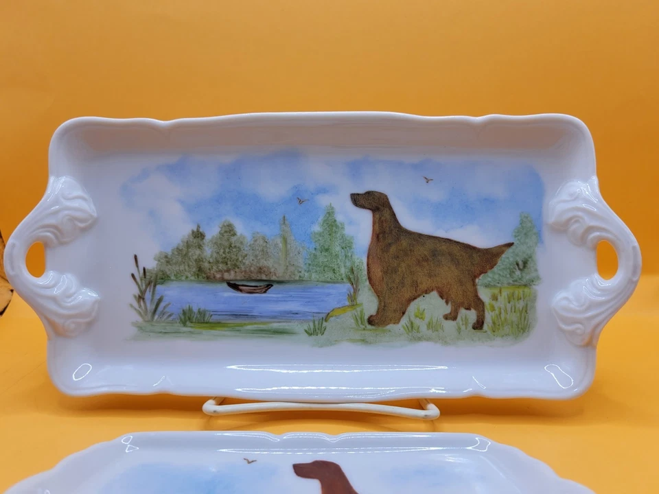 Set of 3 Rectangle Dish Tray Ceramic Hand Painted Trinket Hunting Dog Lake - Image 2 of 4