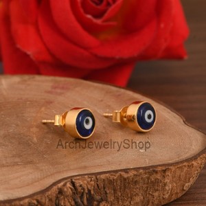 Authentic Gold Plated Evil Eye Stud Earrings Nazar Jewelry Good Lucky For Daughter
