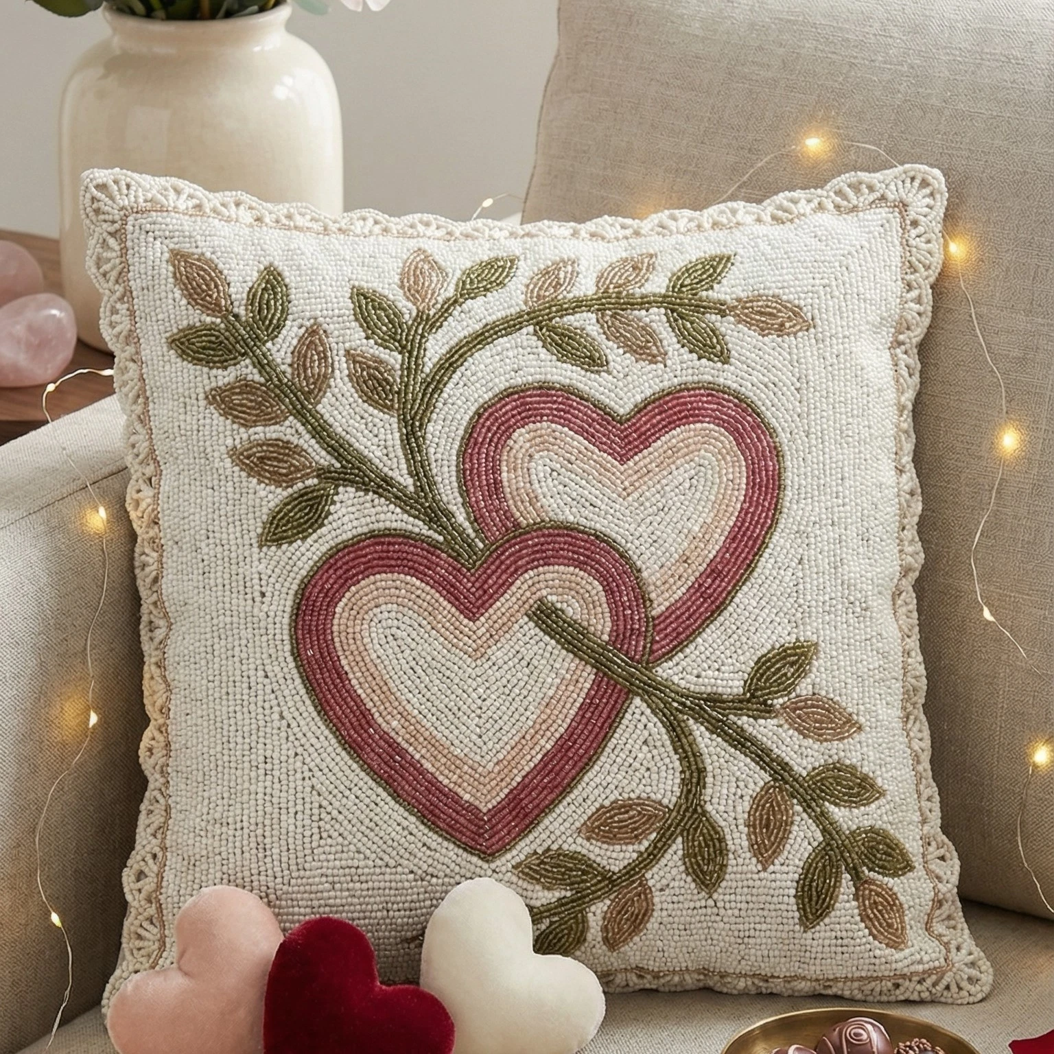 Beaded Heart Throw Pillow Cover, Floral Intertwined Hearts Decor, 16x16 18x18
Opens in a new window