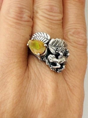 60er Jahre Sterling Feueropal Salamander Blatt Ring Handwerk Vintage Gr. 9 8,69 g