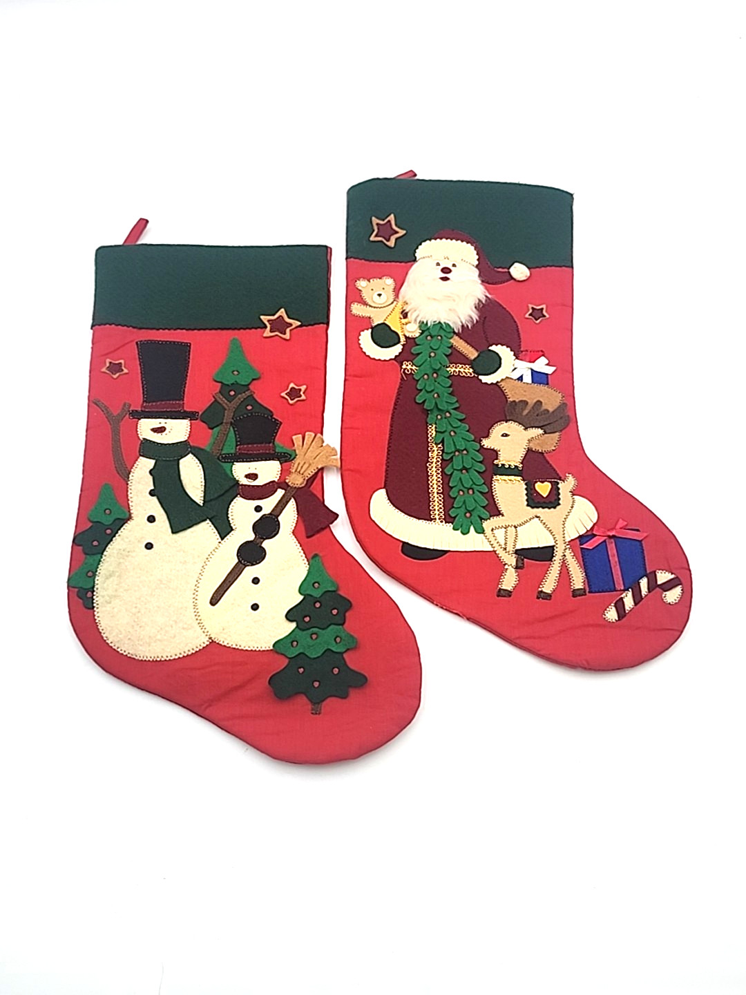 2 Felt Applique Christmas Stockings Santa W Reindeer & Snowman Primitive Style