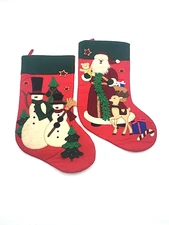 2 Felt Applique Christmas Stockings Santa W Reindeer & Snowman Primitive Style