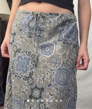 Vtg Old Navy Maxi Skirt Y2K Sz 10 Blue Paisley Boho Drawstring Slit Cottage