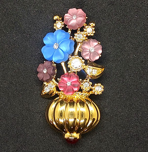 Authentic Vintage Trifari TM Gold Plated Rhinestone & Glass Flowers Brooch - 2.35" Tall