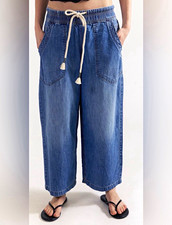 We The Free Women's Blue Denim Wide-Leg Jeans Elastic Drawstring Waist L 24"