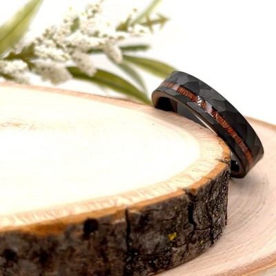 6mm Black Tungsten Carbide Ring Faceted & Wood Inlay Christmas Gift Band For Him