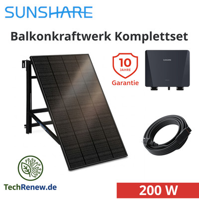Balkonkraftwerk 200W Set Sunshare RAY mit Halterung verstellbar 10 M AC Kabel