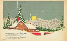 Postcard House Mountain Tree Moon ~ Wishing You A Merry Christmas