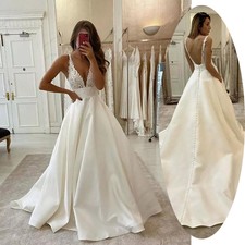 Satin Wedding Dress A-line Thin Shoulder Strap Deep V Neck Backless Bridal Gowns