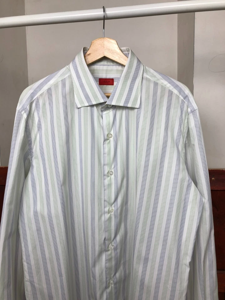 ISAIA Napoli Hombre Camisa Abotonada Vestido Rayas Talla 17/43 Lujo Moda XL  Foto 4 de 4