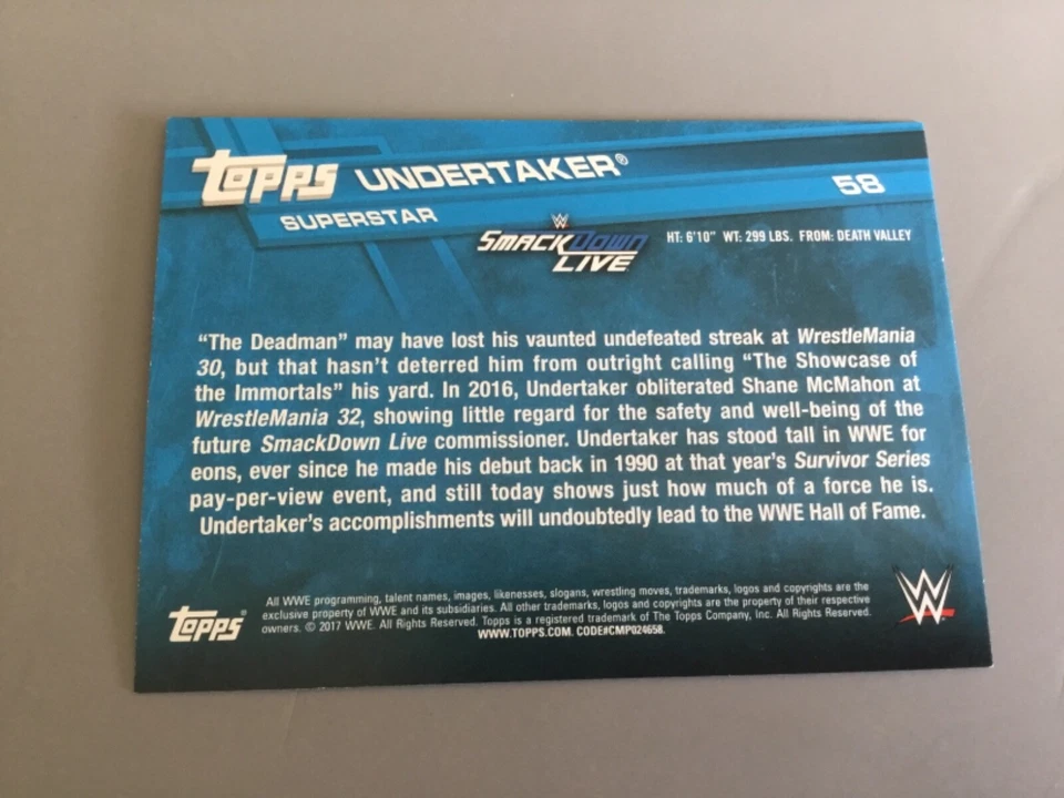 2017 Topps WWE: Superstar SmackDown Live Wrestling Card - Undertaker - #58 - Image 2 of 2