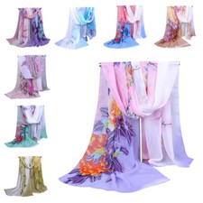Women's Floral Chiffon Scarf Stole Wrap Colorful Flowers Shawl Headscarf Muffler