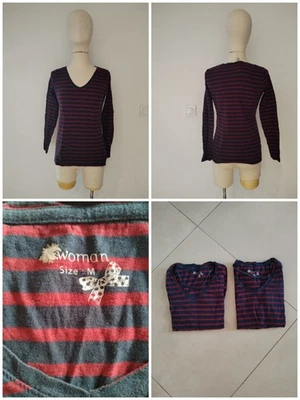TEE-SHIRTS BLEU MARINE/ ROUGE MODERN FEMME A MANCHES LONGUES TAILLE M/38 TBE - Photo 1/4