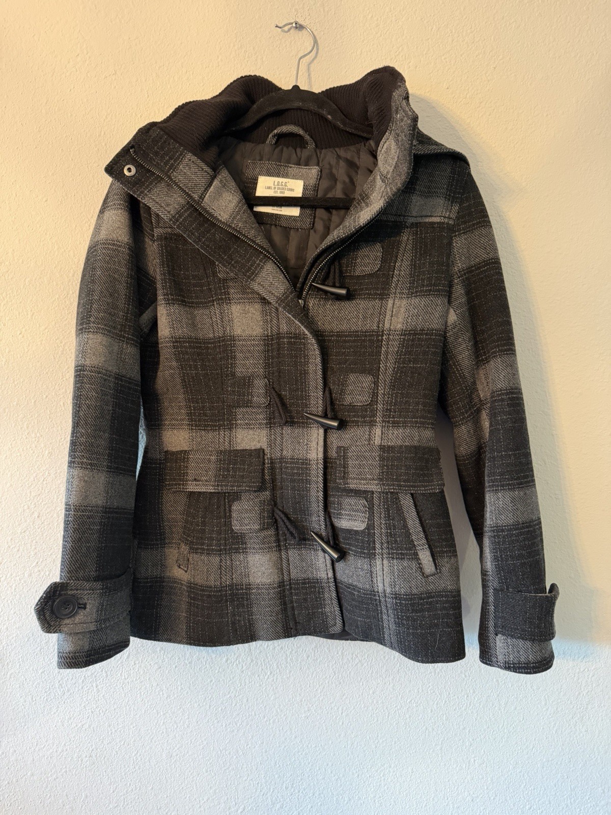 H&M L.O.G.G. Women’s Wool Blend Plaid Hooded Coat Jacket Size 4 Black Gray