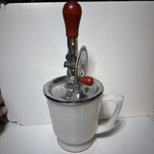 Hocking Merry Whirl 4 Cup Milk Glass Pitcher  Egg Beater 1910s Vintage Kitchen