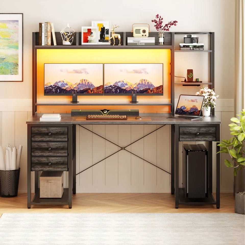 55'' Computer Desk with Hutch and 4 Fabric Drawer ＆ Charge Station ＆ LED Lights - Image 2 of 3