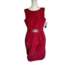 NWT Alex Evenings Red Beaded Embellished Waist Bow Back Sheath Dress Size 12