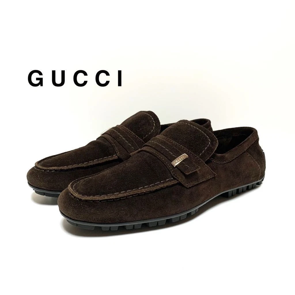 Good GUCCI Gucci tapis semelle daim cuir chaussures de conduite marron foncé taille 38 Mad