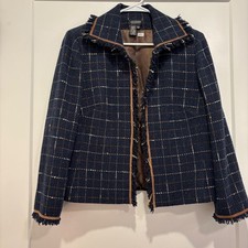Collezione Juliana Navy Blue Plaid Wool Blend Tweed Fringe Blazer Jacket Size 10