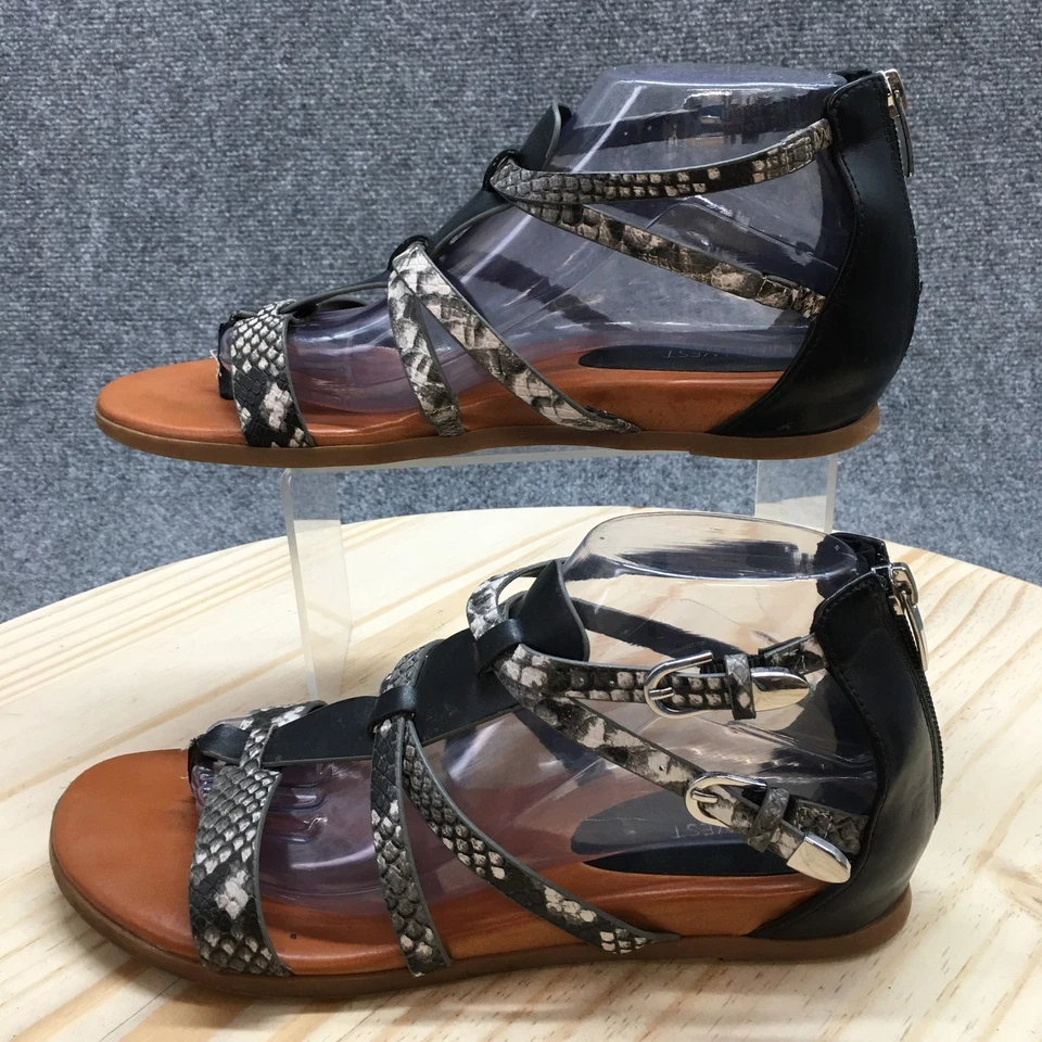 Nine West Sandals Womens 9M Caila 3 Gladiator Black Snakeskin Faux Leather Flats - Image 2 of 4