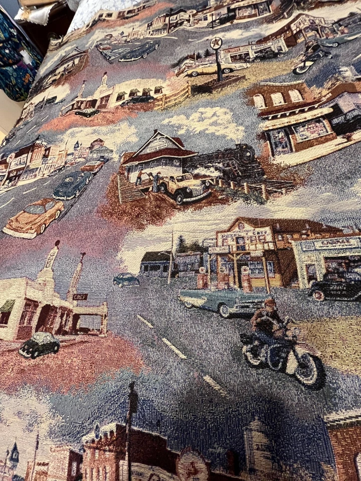 Fabric Remnant Tapestry Small Town Streets Motorcycles Cars Pattern 44"x56" - Image 3 of 4