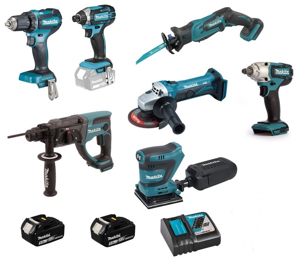 Makita Akku Combo Set 18V Xl DBO480 DDF485 DTD152 DTW190 DJR183 DHR202 DGA452-image