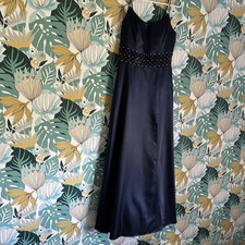 Navy Blue David's Bridal Gown Crystal Sheer Mid Band High Leg Slit Size 10 Prom